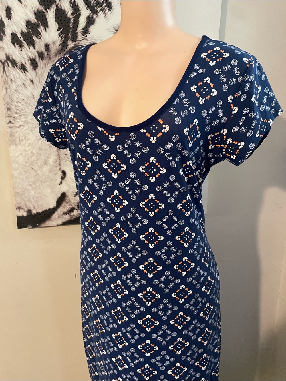 90s Derek Heart Women's Navy Patterned Maxi Dress geometric print Large comfy - Picture 2 of 8